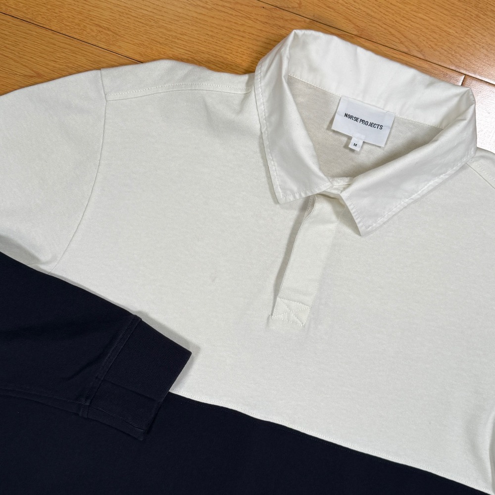 Norse Projects Medium Ruben Colour Block Long Sleeve Polo Shirt Navy White Mens - Picture 2 of 9